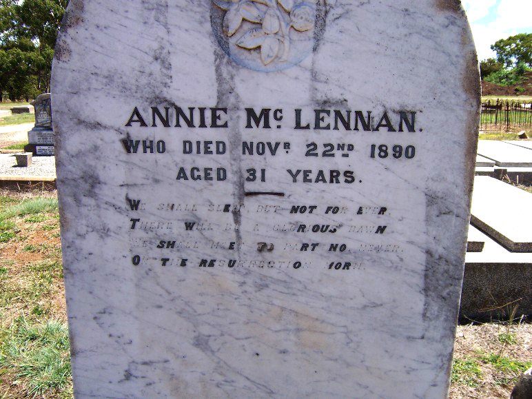 Photo of headstones/Annie McLennan d1890 aged 31 hdstn Glen Innes cem